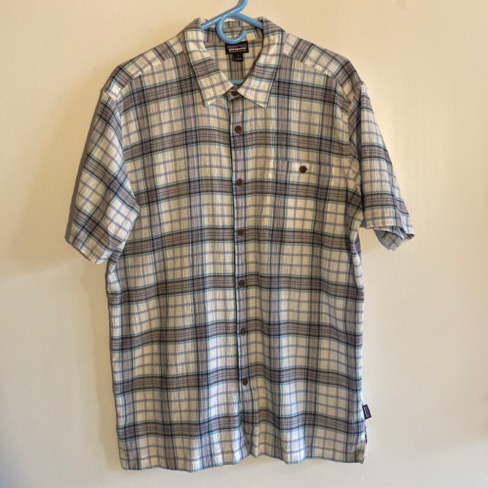 Patagonia Men's Short Sleeve Button-Down Plaid Shirt in White, Blue, Brown